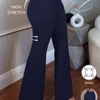 Camel Low Waist Flare Leg Skinny Suit Pants - Elegant Knit Trousers Navy Blue / XS