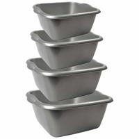 Afwasbakken - 4x stuks diverse formaten - zilver - kunststof - 3, 6, 10 en 15 liter inhoud