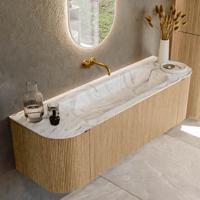 Badmeubel Mondiaz Kurve-Dlux | 150 cm | Meubelkleur Oak | Wastafelkleur Glace | Solid surface | Midden spoelbak | Zonder kraangat(en)