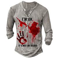 Bloedvlekken Ontwerper Retro vintage Voor heren 3D-afdrukken T-shirt Henley-shirt Straat Casual Dagelijks T-shirt Grijs Lange mouw Henley Overhemd Zomer Lente Herfst Kleding S M L XL XXL XXXL Lightinthebox