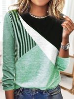 Striped Patchwork Contrast Printed Casual Long-sleeve T-shirt - thumbnail