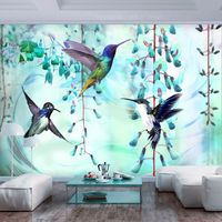 Fotobehang - Vliegende Kolibries op Turquoise achtergrond, premium print vliesbehang - thumbnail