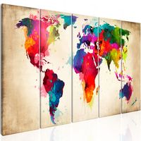 Schilderij - Wereldkaart , Heldere Continenten , 5 luik