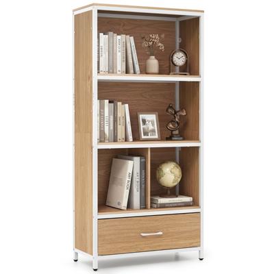 Boekenkast 4-delige Kast met Open Vakken en Stoffen Lade Staande Kast met Metalen Frame 68 x 30 x 151,5 cm-Naturel