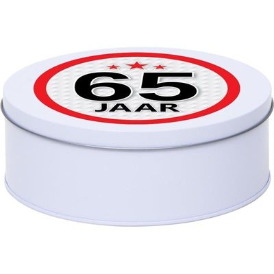 Cadeau/kado wit rond blik 65 jaar 18 cm