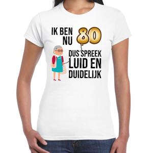 Cadeau T-shirt dames - leeftijd 80 jaar - wit - luid en duidelijk - verjaardagsfeest