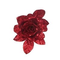 1x Kerstboomversiering bloem op clip rode glitter roos 15 cm - thumbnail