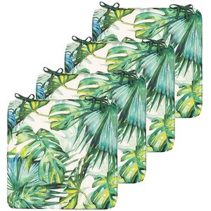 Stoelkussen monstera - 6x - wit/groen - 40 x 40 cm - binnen/buiten