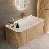 Mondiaz KURVE-DLUX 95 cm Onderkast Greeploos 1 Lade Met Deuren Oak, Wastafel Solid Surface Rechts Opalo 1 Kraangat Zonder Spiegel (KRVBGS95L1L1D1KR-Oak/Opa)