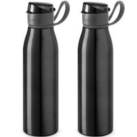 2x Stuks aluminium waterfles/drinkfles zwart met klepdop en handvat 650 ml - thumbnail