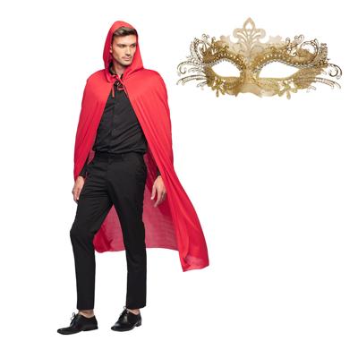 Gemaskerd bal/Halloween verkleedkleding - Met oogmasker in goud - Lange rode mantel met capuchon