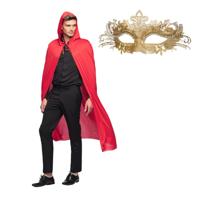 Gemaskerd bal/Halloween verkleedkleding - Met oogmasker in goud - Lange rode mantel met capuchon