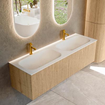 Mondiaz KURVE 150 cm Onderkast Greeploos 2 Lades Zonder Deuren Oak, Wastafel Solid Surface Dubbel Talc 2 Kraangaten Zonder Spiegel (KRVBGS1502L0D2KD-Oak/Tal)