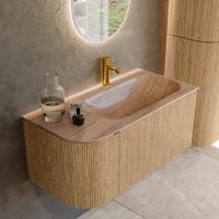 Badmeubel Mondiaz Kurve-Dlux | 95 cm | Meubelkleur Oak | Wastafelkleur Saba | Solid surface | Wasbak rechter zijde spoelbak | 1 kraangat