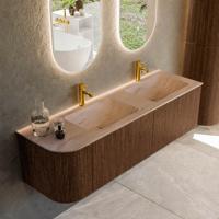 Badmeubel Mondiaz Kurve-Dlux | 155 cm | Meubelkleur Walnut | Wastafelkleur Saba | Solid surface | Dubbel / Rechts spoelbak | 2 kraangaten