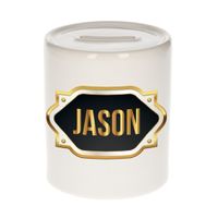 Naam cadeau spaarpot Jason met gouden embleem