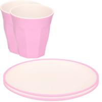 Set van 8x onbreekbare kunststof/melamine roze ontbijt bordjes/bekers - Campingborden - thumbnail