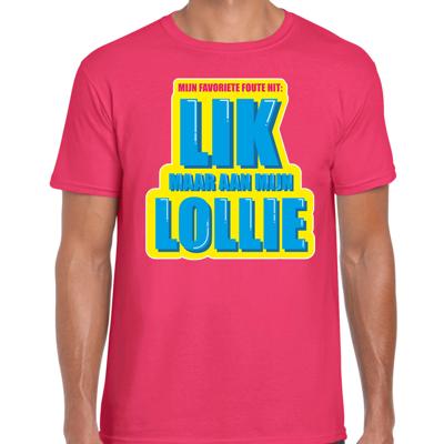 Foute party T-shirt heren - roze - Lik maar aan mijn lollie - carnaval / themafeest
