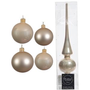 Glazen kerstballen pakket champagne glans/mat 38x stuks 4 en 6 cm met piek glans