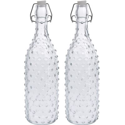 2x Glazen flessen transparant stippen met beugeldop 1000 ml