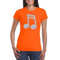 Zilveren muziek noot / muziek feest t-shirt / kleding oranje dames - thumbnail