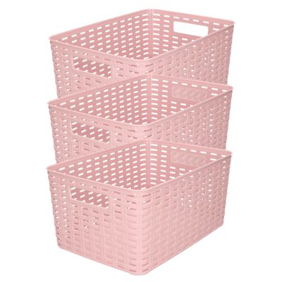 3x stuks rotan gevlochten opbergmand/opbergbox kunststof - Oud roze - 22 x 33 x 16 cm