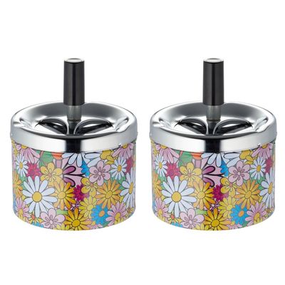 Set van 2x stuks gebloemde draaiasbakken met zilveren deksel Set van 2x stuks gebloemde draaiasbakken met zilveren deksel