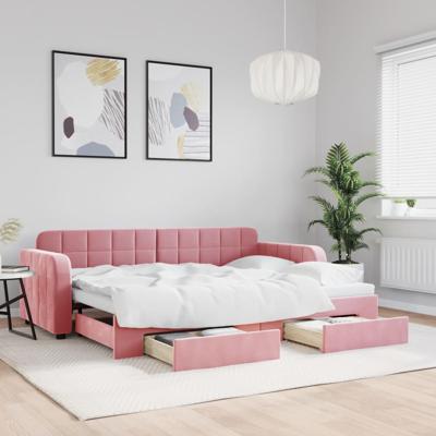 Slaapbank met onderschuifbed en lades 80x200 cm fluweel roze
