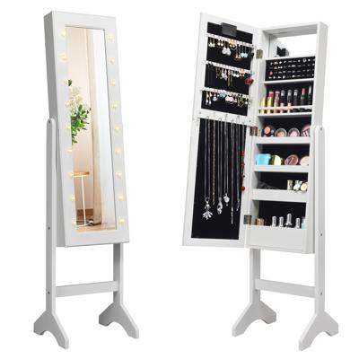 18 LED's Sieradenkast Helder Glas Spiegel over de Volle Lengte Opslag Organisator voor de Verzameling van Alle Soorten Sieraden (Wit)
