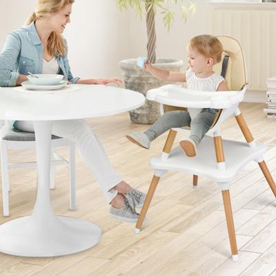 4-In-1 Babystoel Baby Houten Eetstoelen met 5-Punts Veiligheidsgordel 4-Stappen Verstelbaar Afneembaar Dienblad & PU Kussen Kaki
