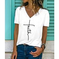 Dames T-shirt Zwart Wit Grijs Grafisch Brief Afdrukken Korte mouw Dagelijks Weekend Dagelijks Basic Casual V-hals Normaal S Lightinthebox - thumbnail