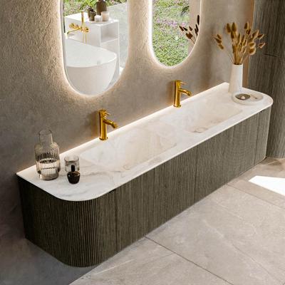 Badmeubel Mondiaz Kurve-Dlux | 180 cm cm | Meubelkleur Shadow | Wastafelkleur Frappe | Solid surface | Wasbak beiden zijden spoelbak | 2 kraangaten