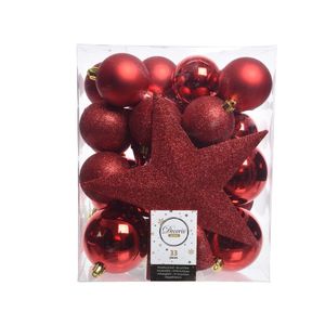 33x Kunststof kerstballen mix rood 5-6-8 cm kerstboom versiering/decoratie   -