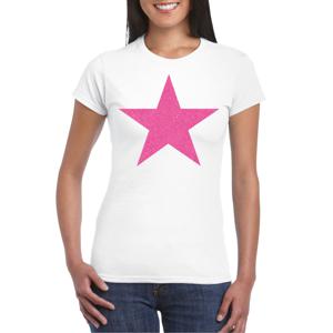 Verkleed T-shirt voor dames - ster - wit - roze glitter - carnaval/themafeest