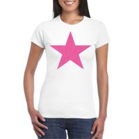 Verkleed T-shirt voor dames - ster - wit - roze glitter - carnaval/themafeest - thumbnail