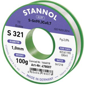 Stannol S321 2,0% 1,0MM SN99,3CU0,7CD 100G Soldeertin, loodvrij Loodvrij, Spoel Sn99,3Cu0,7 ORH1 100 g 1 mm