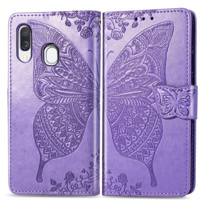Butterfly Love bloemen reliëf horizontale Flip lederen case voor Galaxy A40 met houder & kaartsleuven & portemonnee & Lanyard (licht paars)