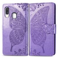 Butterfly Love bloemen reliëf horizontale Flip lederen case voor Galaxy A40 met houder & kaartsleuven & portemonnee & Lanyard (licht paars)