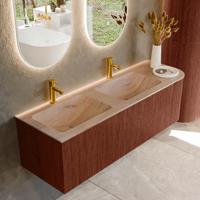 Badmeubel Mondiaz Kurve-Dlux | 145 cm | Meubelkleur Ruby | Wastafelkleur Saba | Solid surface | Dubbel / Links spoelbak | 2 kraangaten