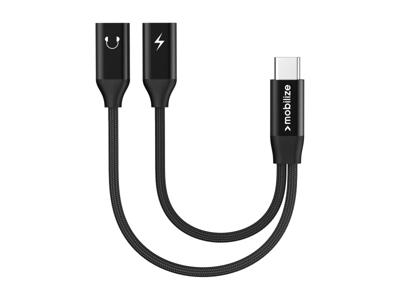 Mobilize Mobilize Strong Nylon USB-C Splitter for Audio and Charging 15cm Black