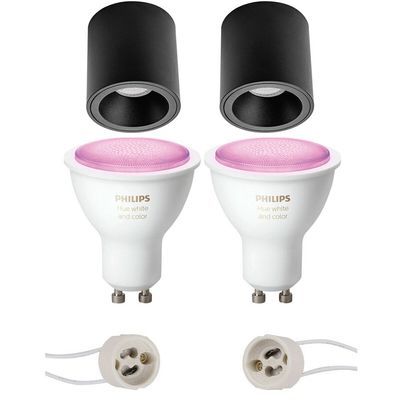 Pragmi Cliron Pro - Opbouw Rond - Mat Zwart - Verdiept - Ø90mm - Philips Hue - Opbouwspot Set Gu10 - White And Color