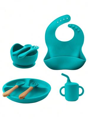 8PCS Children's Tableware Set Baby Dishes Sucker Plate Bowl Utensils Soft Silicone Cup Bibs Spoon Fork Sets Mother Kids Tableware Baby Items Royal Blue / one-size