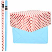 4x Rollen kraft inpakpapier liefde/rode hartjes pakket - blauw 200 x 70 cm - Cadeaupapier - thumbnail
