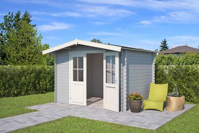 Outdoor Life Baltimore Blokhut 312x250 cm 28 mm vuren Platinum Grey-Wit gecoat- Zadeldak- - Outdoor Life Outdoor Life Baltimore Blokhut 312x250 cm 28 mm vuren Platinum Grey-Wit gecoat- Zadeldak- - Outdoor Life