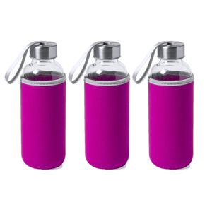 3x Stuks glazen waterfles/drinkfles met fuchsia roze softshell bescherm hoes 420 ml