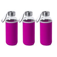 3x Stuks glazen waterfles/drinkfles met fuchsia roze softshell bescherm hoes 420 ml - thumbnail