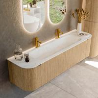 Badmeubel Mondiaz Kurve-Dlux | 170 cm | Meubelkleur Oak | Wastafelkleur Opalo | Solid surface | Midden spoelbak | 2 kraangaten