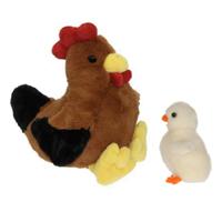 Pluche bruine kip / haan knuffel - van 25 cm - met wit pluche kuiken 12 cm - Paas/pasen decoratie