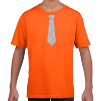 Stropdas zilver glitter t-shirt oranje voor kinderen