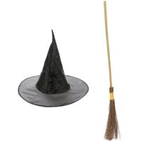 Heksen accessoires set hoed met bezem 100 cm voor meisjes - thumbnail